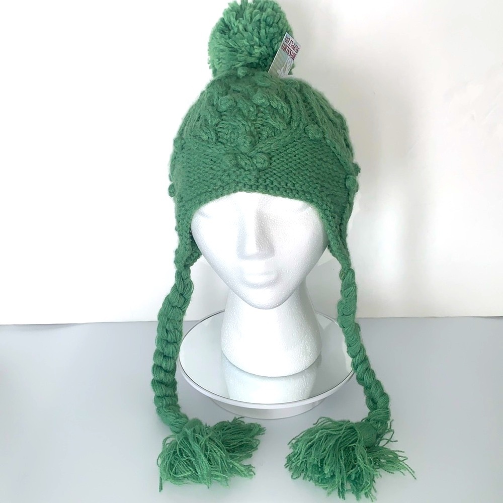 Knitted Green Ear Flap Beanie Winter Hat with Pompom & Tassles Long Braids NWT